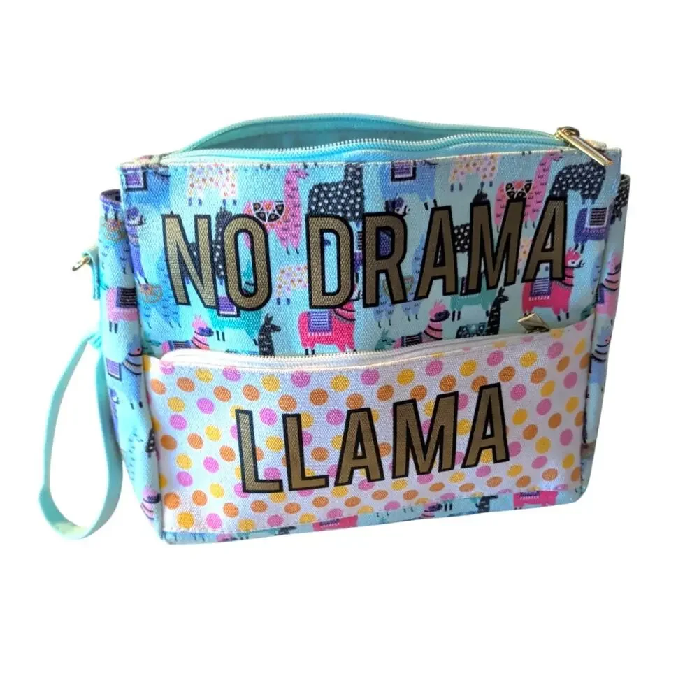 No Drama Llama Canvas Wristlet Light Teal Llama Print Dual Zipper Pouch